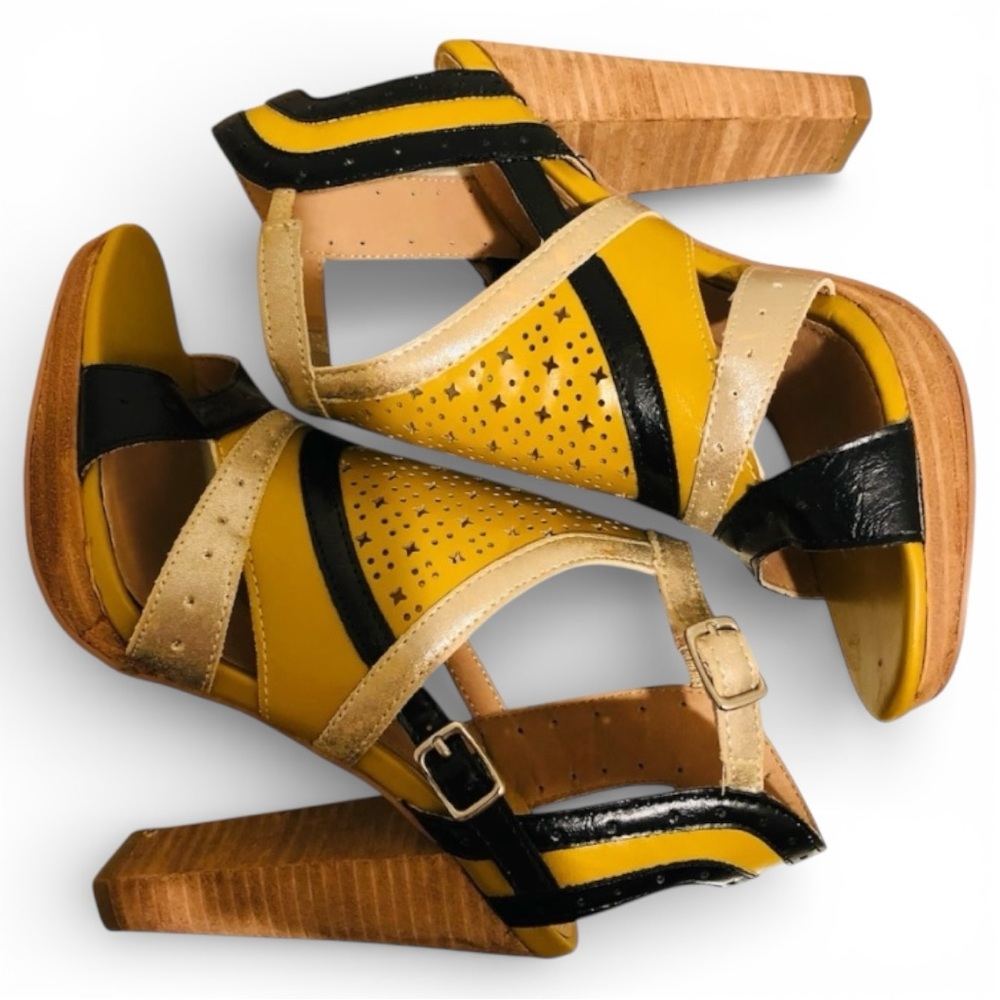Lovely People Micky Strappy High Heel Sandals Shoes Yellow Black 7.5 Party - Picture 2 of 5